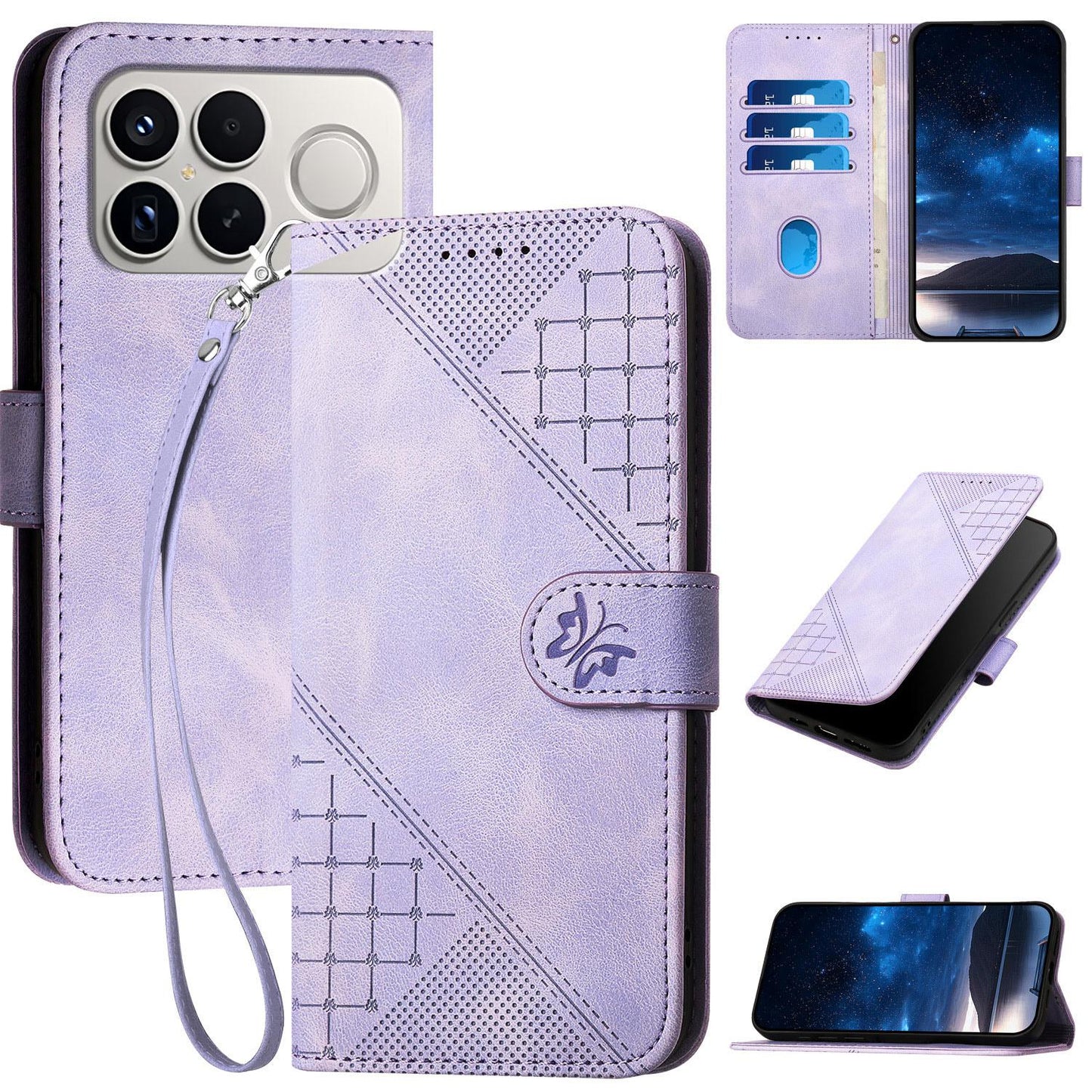 For Redmi K90 Pro Max / Poco F8 Ultra Grid Butterfly Embossed Pattern Leather Phone Case with Lanyard(Light Purple)