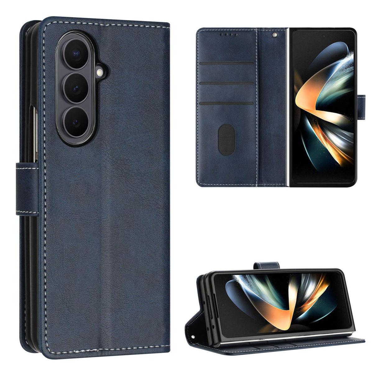 For Galaxy Z Fold8 Ultra 5G Solid Color Calf Texture Folding Leather Phone Case - Dark Blue - EDA006874505D