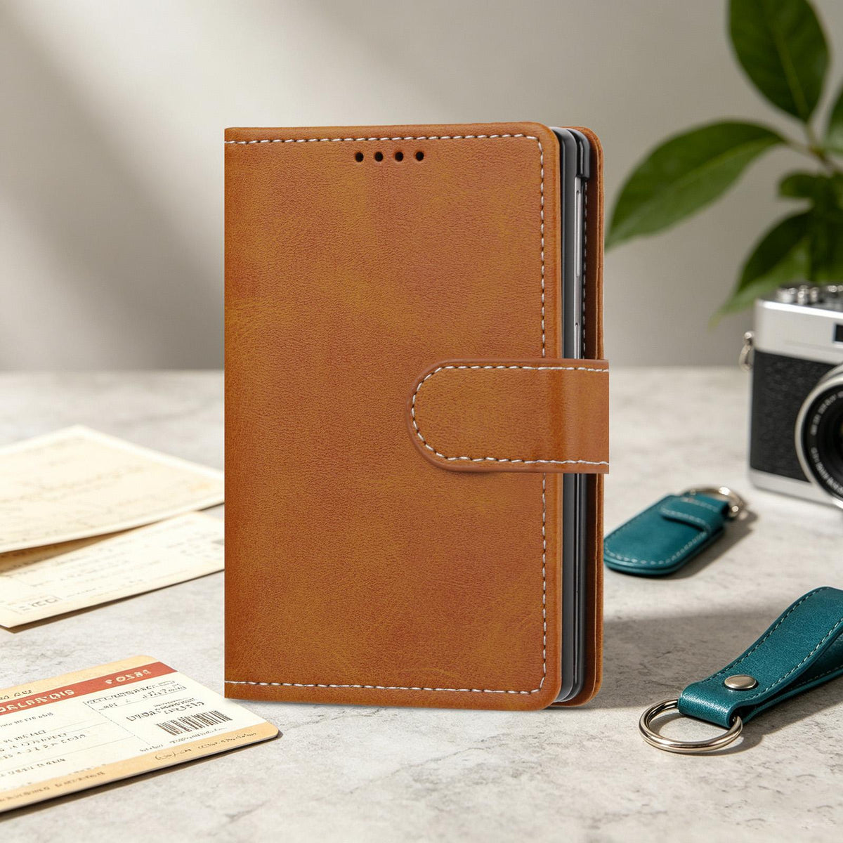 For Galaxy Z Fold8 5G Solid Color Calf Texture Folding Leather Phone Case - Light Brown - EDA006874506C