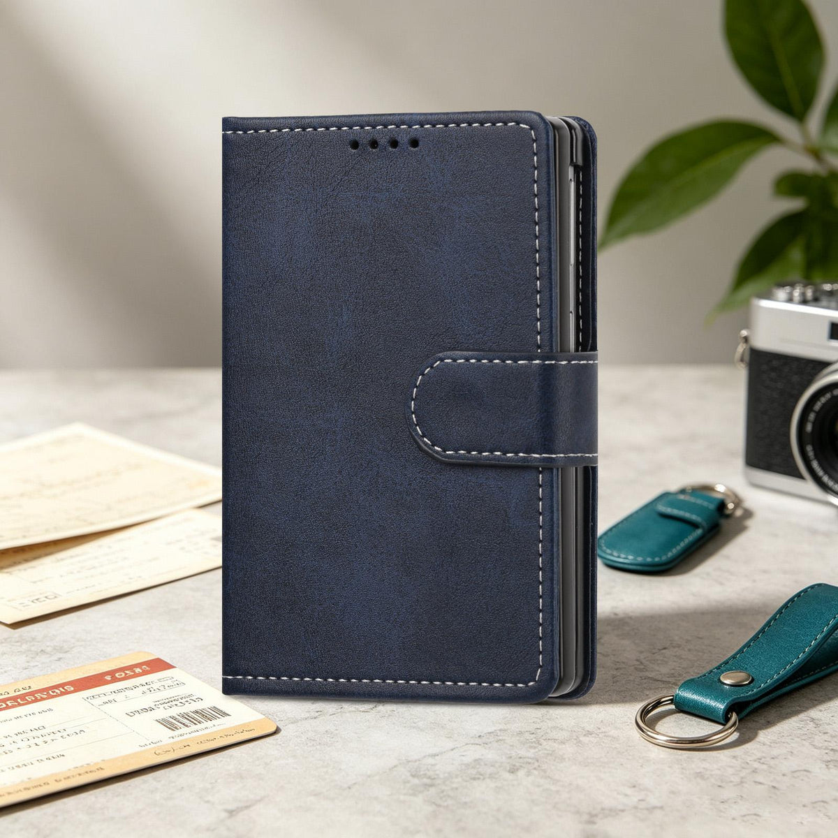 For Galaxy Z Fold8 5G Solid Color Calf Texture Folding Leather Phone Case - Dark Blue - EDA006874506D