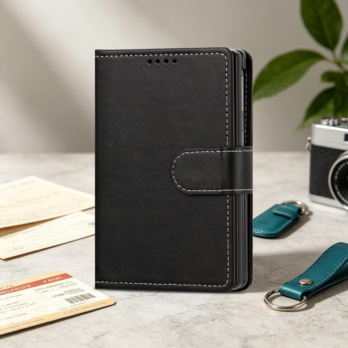 For Galaxy Z Fold8 5G Solid Color Calf Texture Folding Leather Phone Case - Black - EDA006874506H