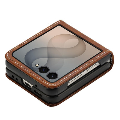For Galaxy Z Flip8 5G Solid Color Calf Texture Folding Leather Phone Case - Dark Brown - EDA006874507B