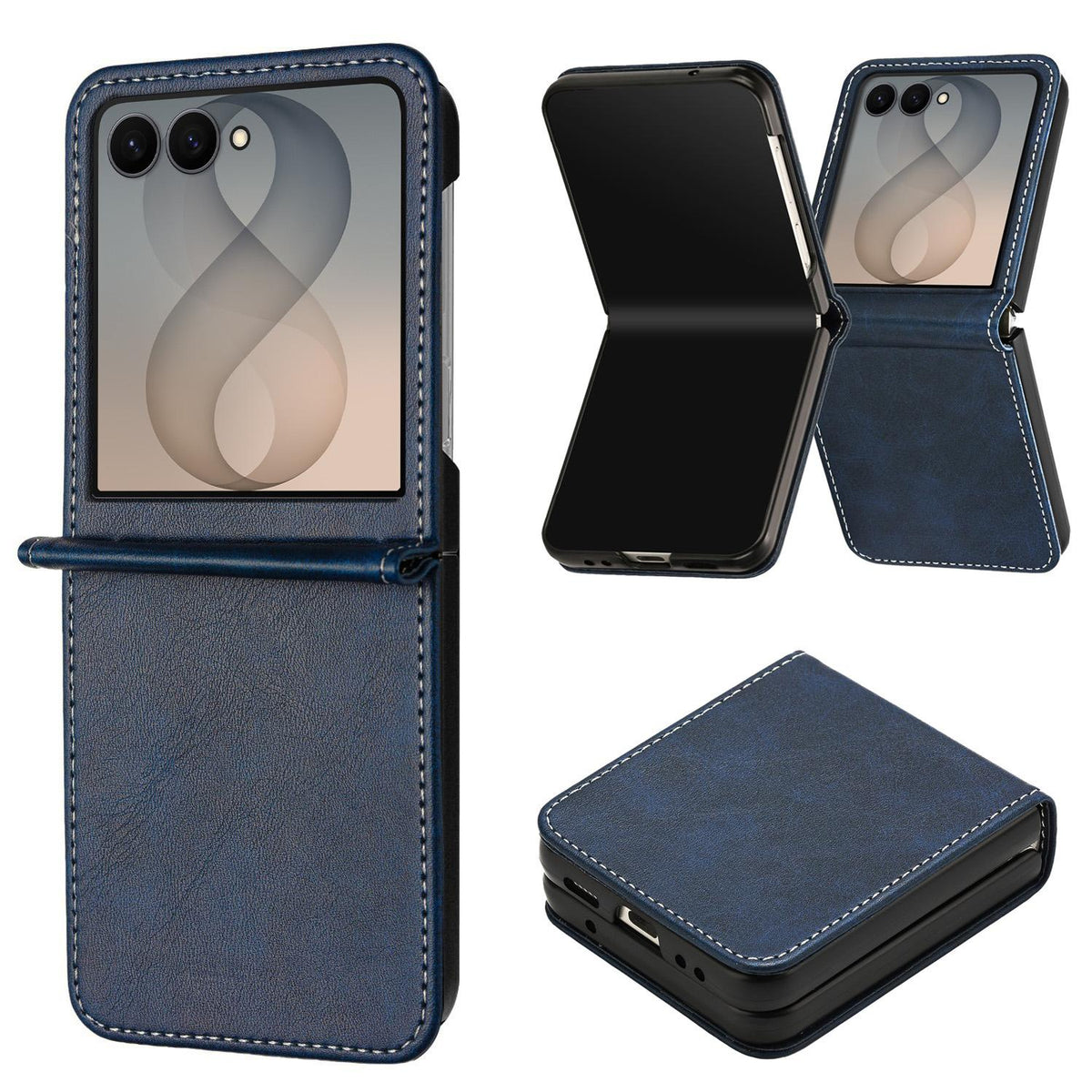 For Galaxy Z Flip8 5G Solid Color Calf Texture Folding Leather Phone Case - Dark Blue - EDA006874507D