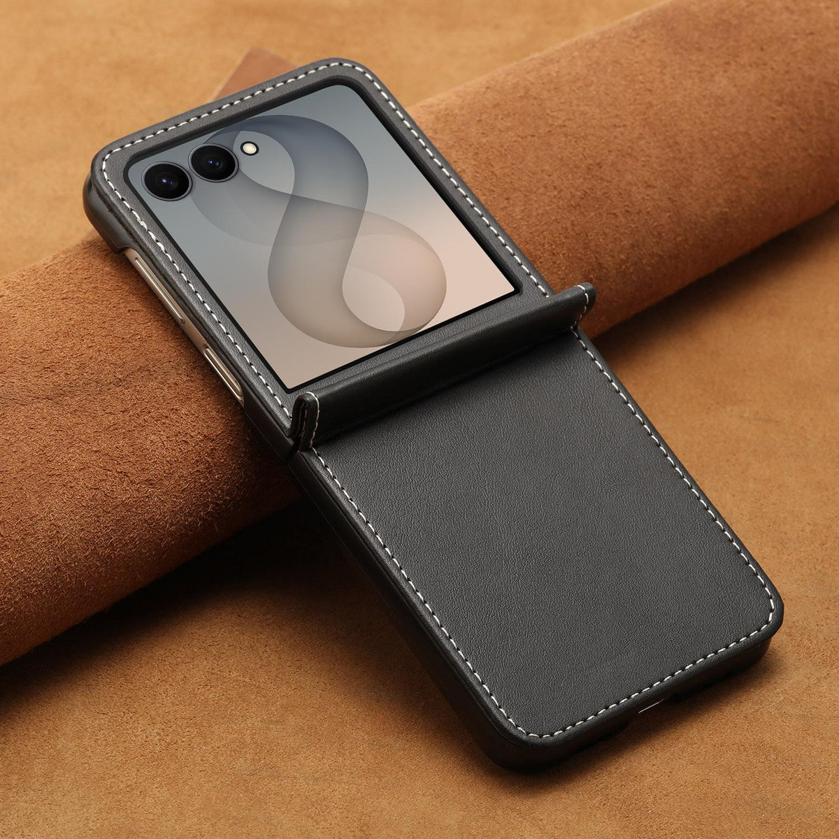For Galaxy Z Flip8 5G Solid Color Calf Texture Folding Leather Phone Case - Black - EDA006874507H