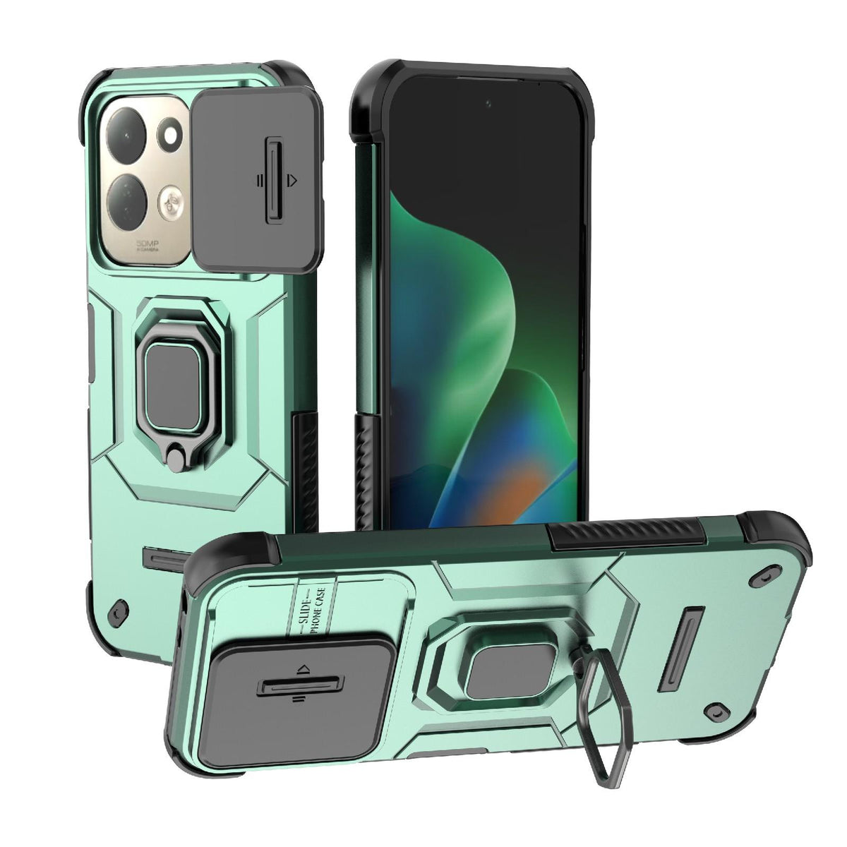 For Redmi 17 5G / 4G Global 170mm Sliding Camshield TPU + PC Shockproof Phone Case with Holder - Green - EDA006951218D