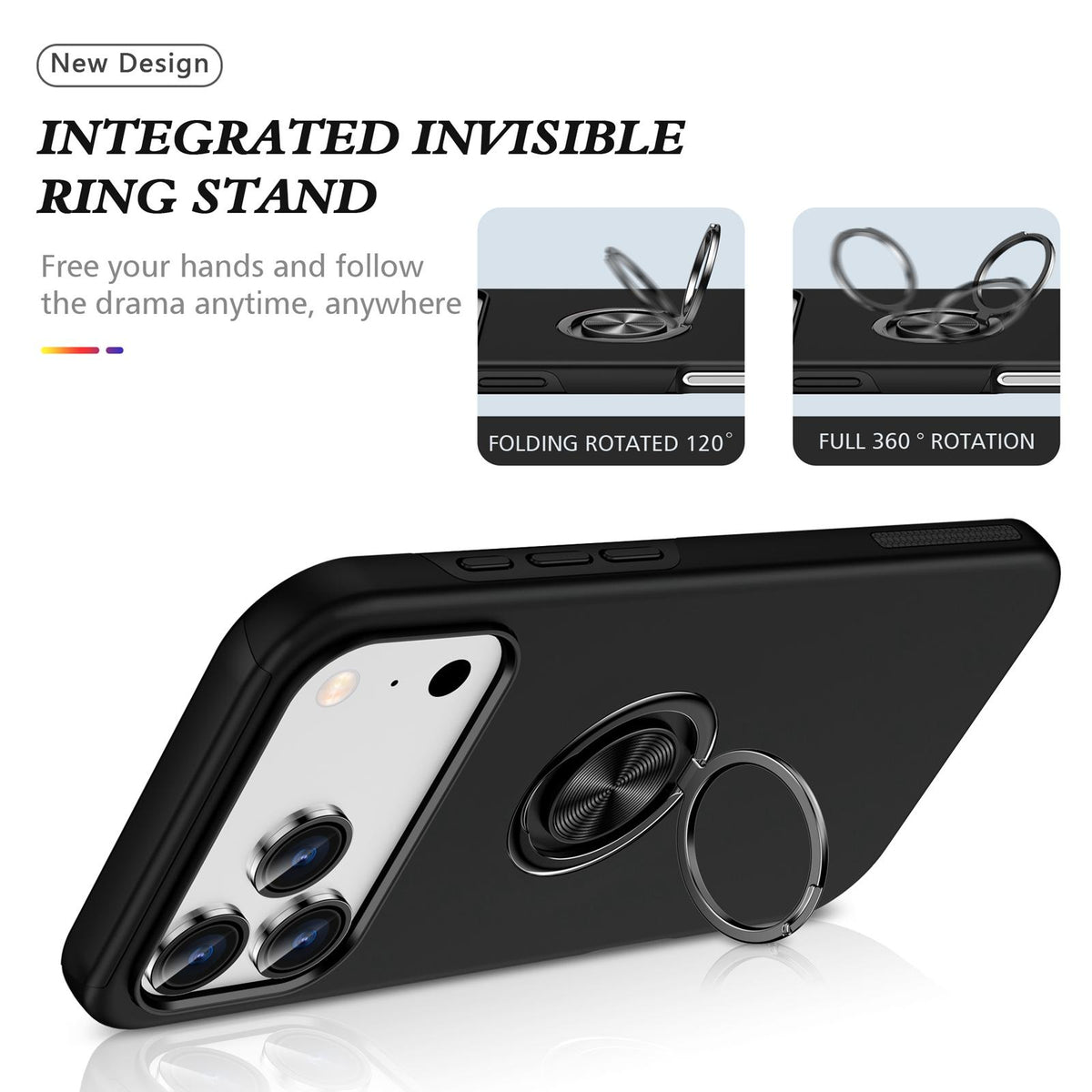For iPhone 18 Pro Max PC + TPU Magnetic Phone Case with Invisible Ring Holder - Black - EDA006969309B