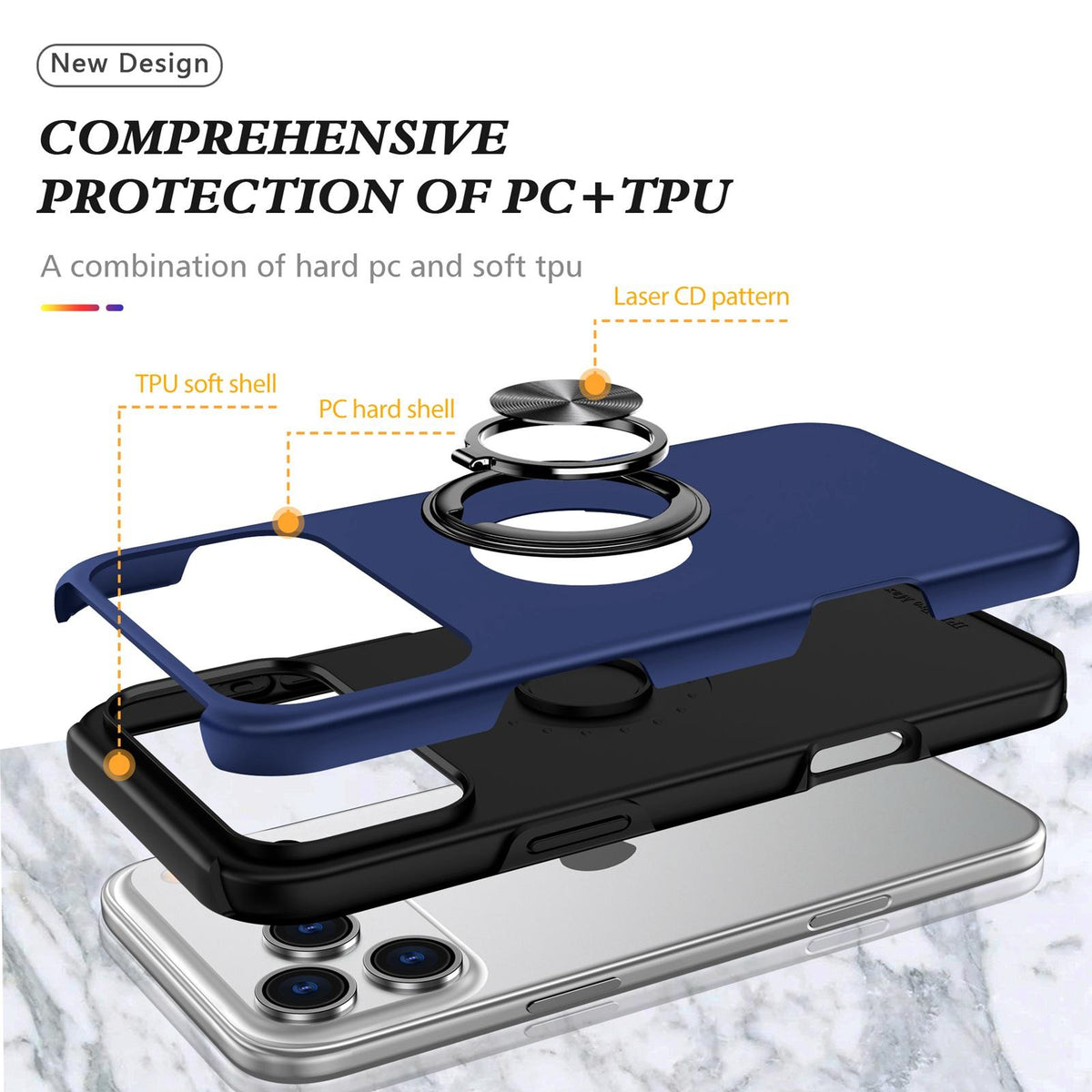 For iPhone 18 Pro PC + TPU Magnetic Phone Case with Invisible Ring Holder - Navy Blue - EDA006969310A