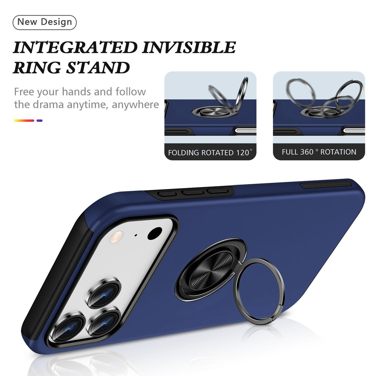 For iPhone 18 Pro PC + TPU Magnetic Phone Case with Invisible Ring Holder - Navy Blue - EDA006969310A