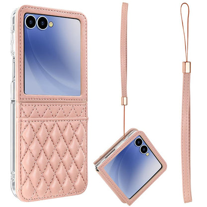 For Galaxy Z Flip8 5G VIETAO Rhombic Texture PU Card Slot Phone Case with Lanyard - Pink - EDA006978906A
