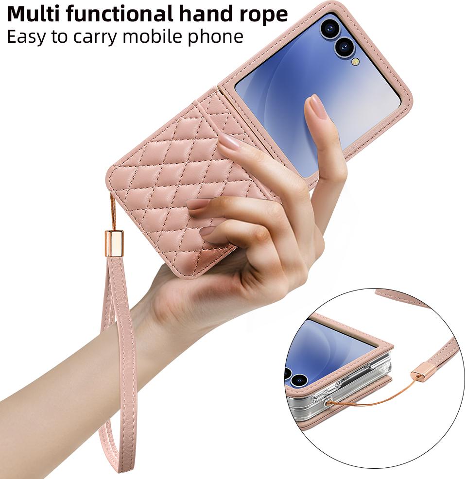 For Galaxy Z Flip8 5G VIETAO Rhombic Texture PU Card Slot Phone Case with Lanyard - Pink - EDA006978906A