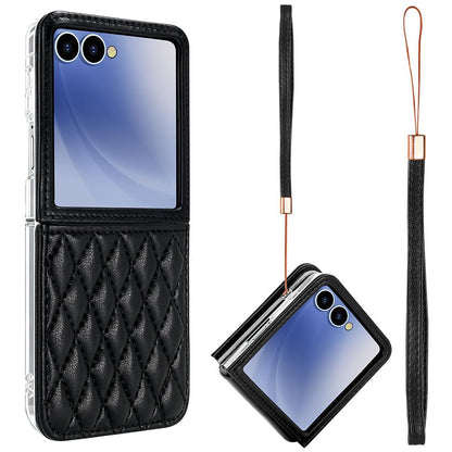 For Galaxy Z Flip8 5G VIETAO Rhombic Texture PU Card Slot Phone Case with Lanyard - Black - EDA006978906B