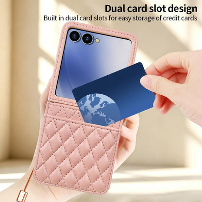 For Galaxy Z Flip8 5G VIETAO Rhombic Texture PU Card Slot Phone Case with Lanyard - Black - EDA006978906B