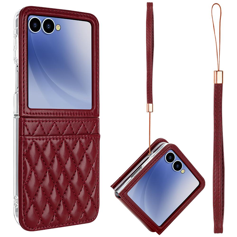 For Galaxy Z Flip8 5G VIETAO Rhombic Texture PU Card Slot Phone Case with Lanyard - Red - EDA006978906C