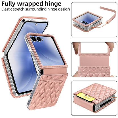 For Galaxy Z Flip8 5G VIETAO Rhombic Texture PU Card Slot Phone Case with Lanyard - Red - EDA006978906C