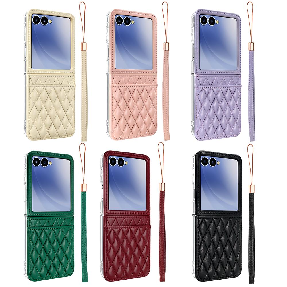 For Galaxy Z Flip8 5G VIETAO Rhombic Texture PU Card Slot Phone Case with Lanyard - Green - EDA006978906D