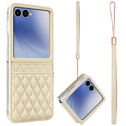 For Galaxy Z Flip8 5G VIETAO Rhombic Texture PU Card Slot Phone Case with Lanyard - Beige - EDA006978906E