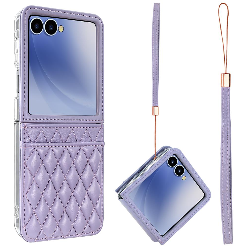 For Galaxy Z Flip8 5G VIETAO Rhombic Texture PU Card Slot Phone Case with Lanyard - Purple - EDA006978906F