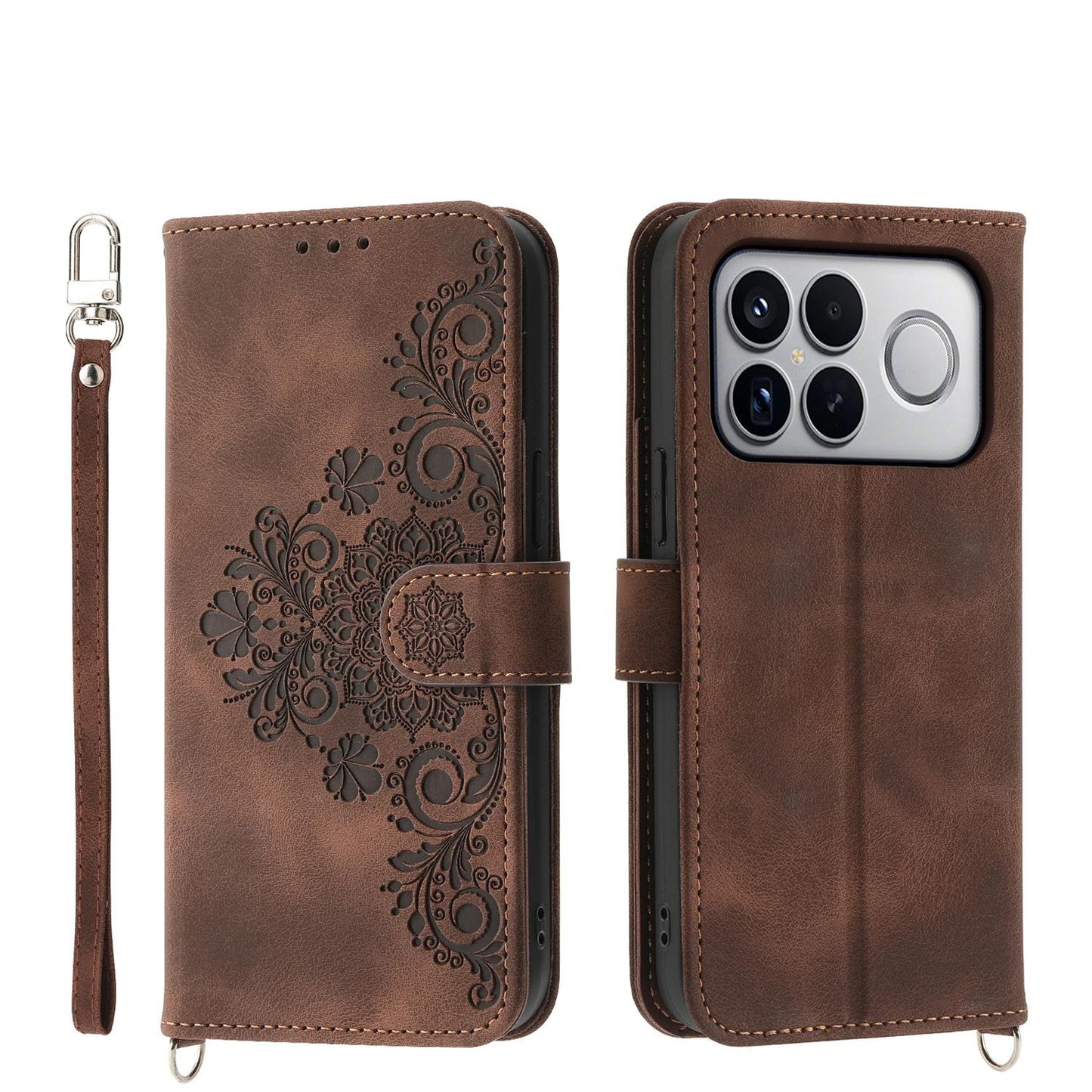 For Redmi K90 Pro Max / Poco F8 Ultra 5G Skin Feel Flowers Embossed Wallet Leather Phone Case(Brown)