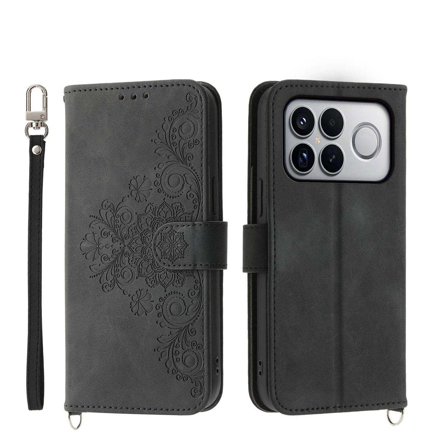 For Redmi K90 Pro Max / Poco F8 Ultra 5G Skin Feel Flowers Embossed Wallet Leather Phone Case(Black)