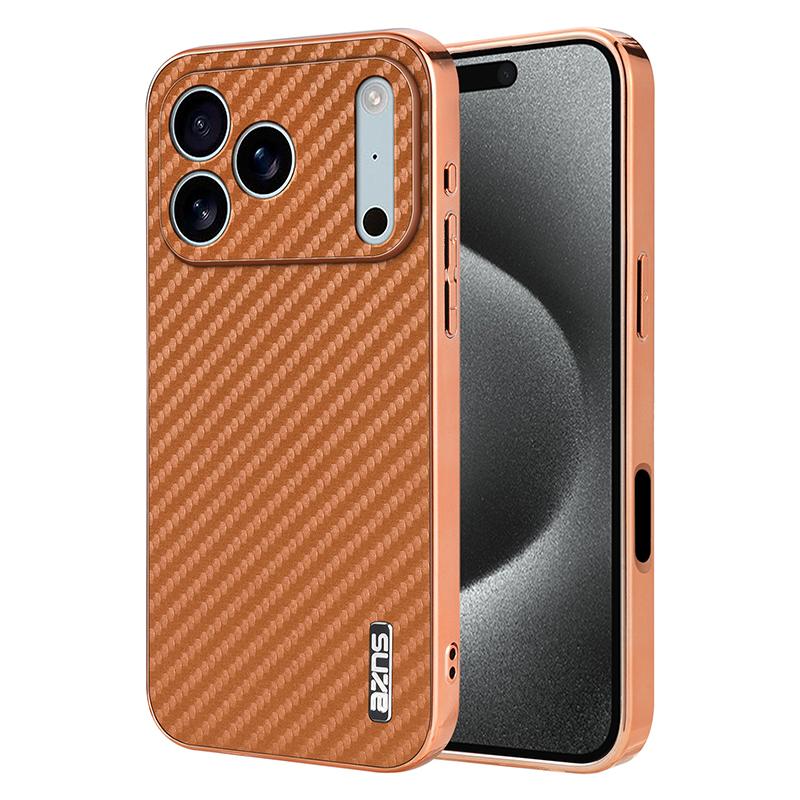 For iPhone 18 Pro AZNS Electroplated Edge Carbon Fiber Texture Phone Case - Brown - EDA006996226B