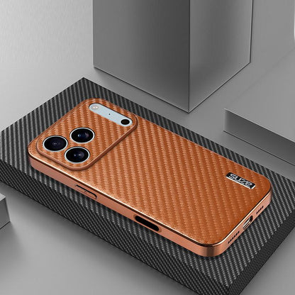 For iPhone 18 Pro AZNS Electroplated Edge Carbon Fiber Texture Phone Case - Brown - EDA006996226B