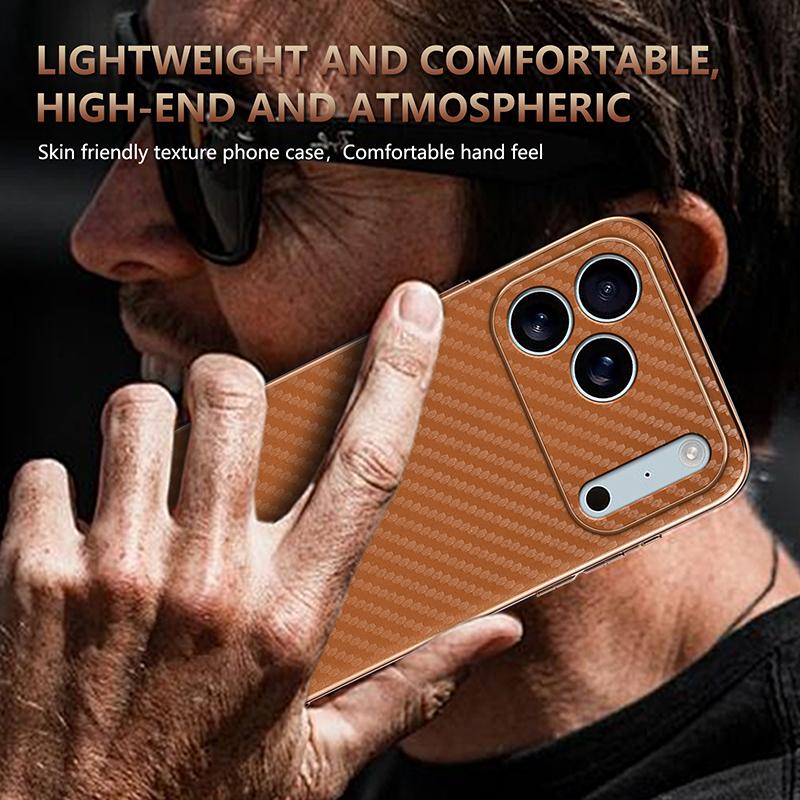 For iPhone 18 Pro AZNS Electroplated Edge Carbon Fiber Texture Phone Case - Brown - EDA006996226B