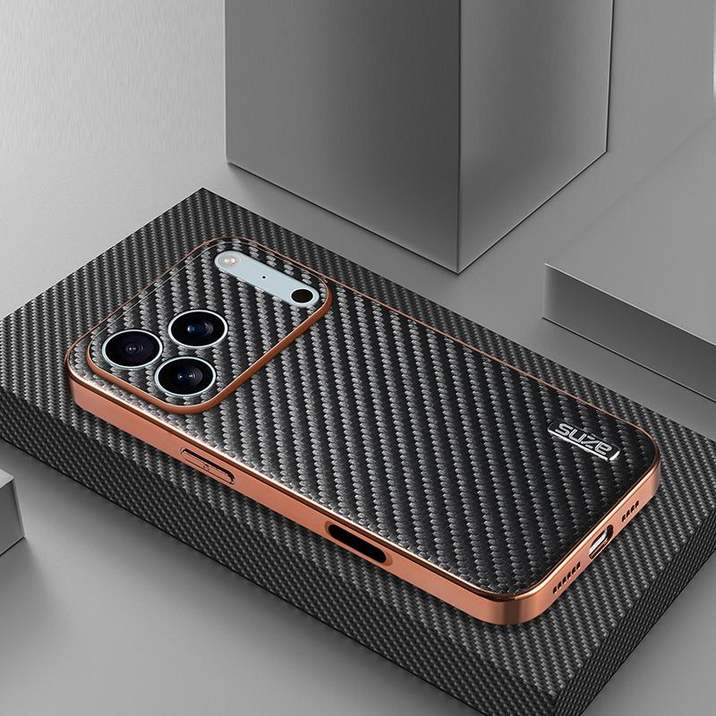 For iPhone 18 Pro Max AZNS Electroplated Edge Carbon Fiber Texture Phone Case - Black - EDA006996227A