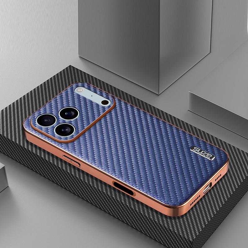 For iPhone 18 Pro Max AZNS Electroplated Edge Carbon Fiber Texture Phone Case - Blue - EDA006996227C