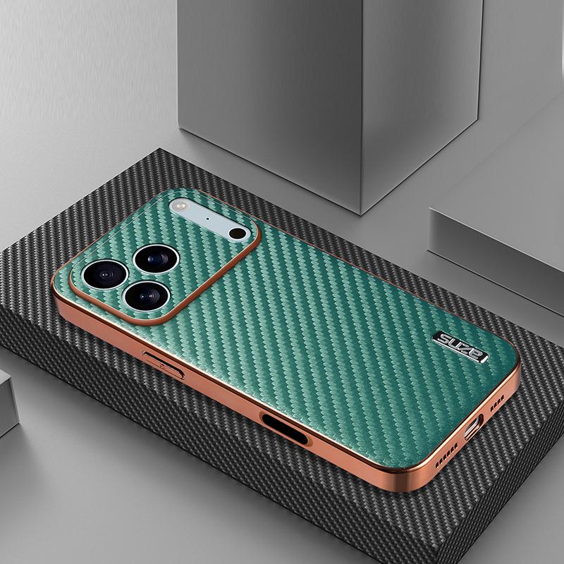For iPhone 18 Pro Max AZNS Electroplated Edge Carbon Fiber Texture Phone Case - Green - EDA006996227D