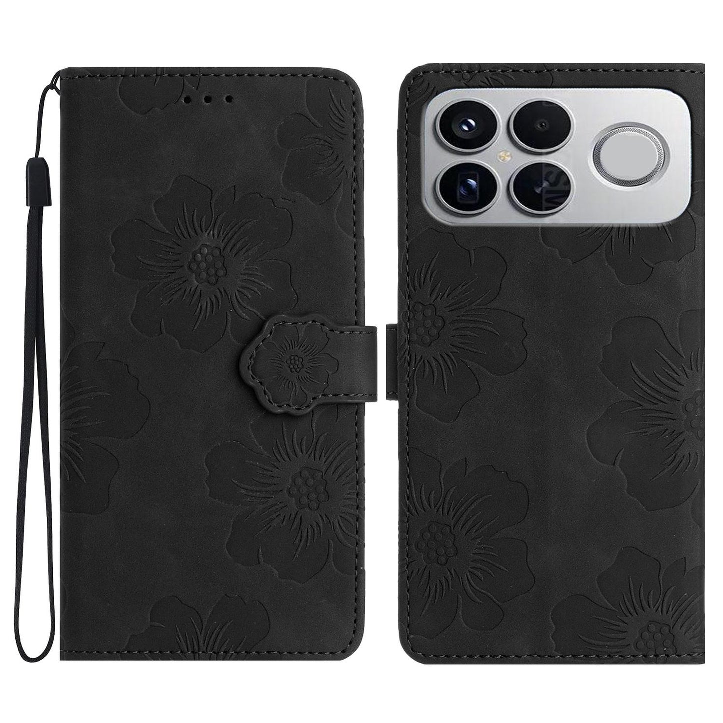For Redmi K90 Pro Max/Poco F8 Ultra Flower Embossing Pattern Leather Phone Case(Black)