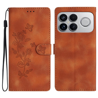 For Redmi K90 Pro Max/Poco F8 Ultra Flower Butterfly Embossing Pattern Leather Phone Case(Brown)