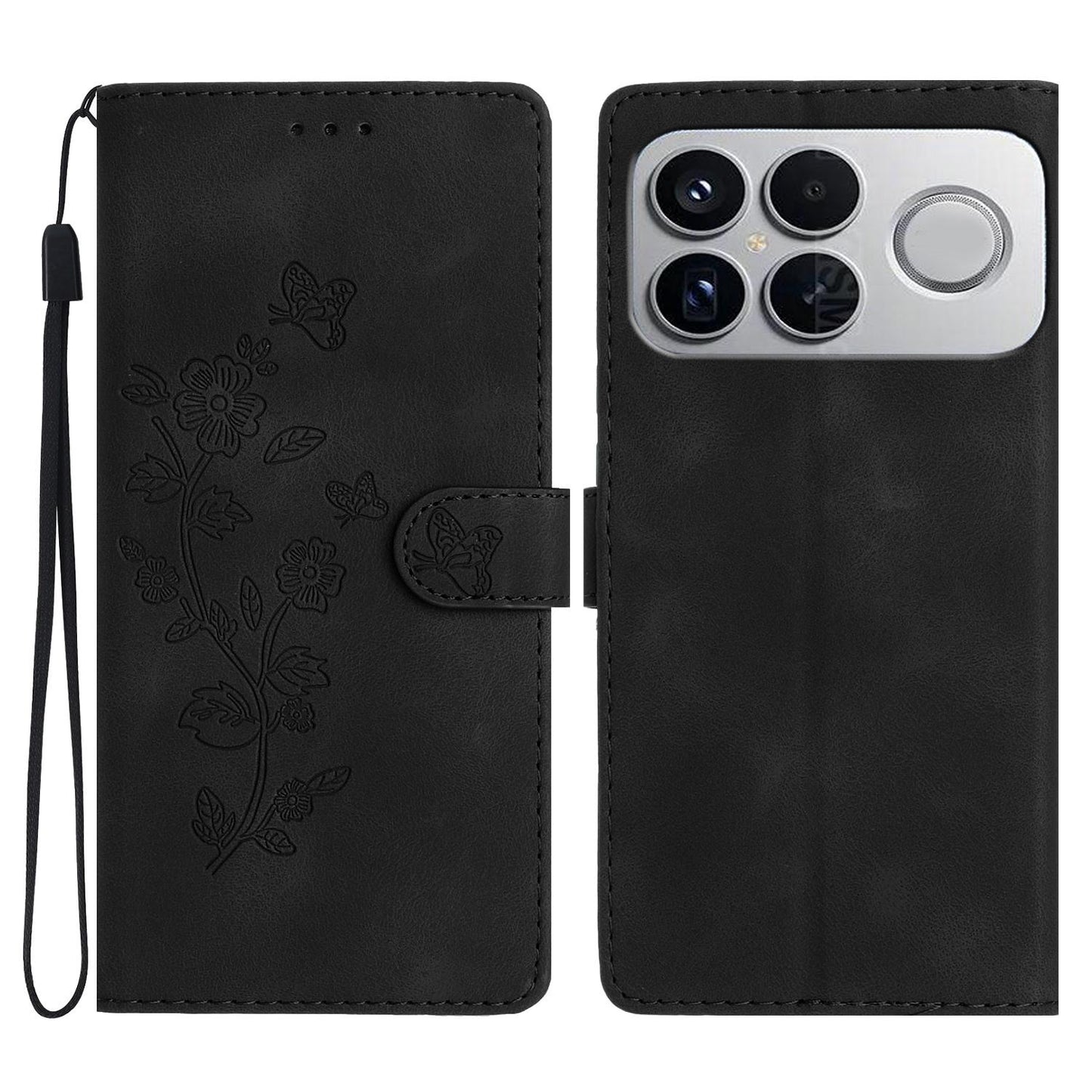 For Redmi K90 Pro Max/Poco F8 Ultra Flower Butterfly Embossing Pattern Leather Phone Case(Black)