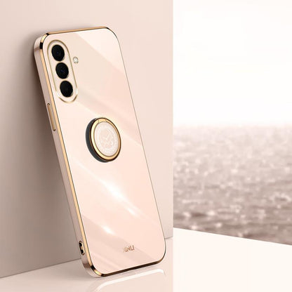 For Galaxy A27 5G XINLI Straight Edge 6D Electroplate TPU Phone Case with Ring Holder - Pink - EDA007031210B