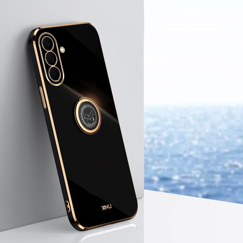 For Galaxy A27 5G XINLI Straight Edge 6D Electroplate TPU Phone Case with Ring Holder - Black - EDA007031210G