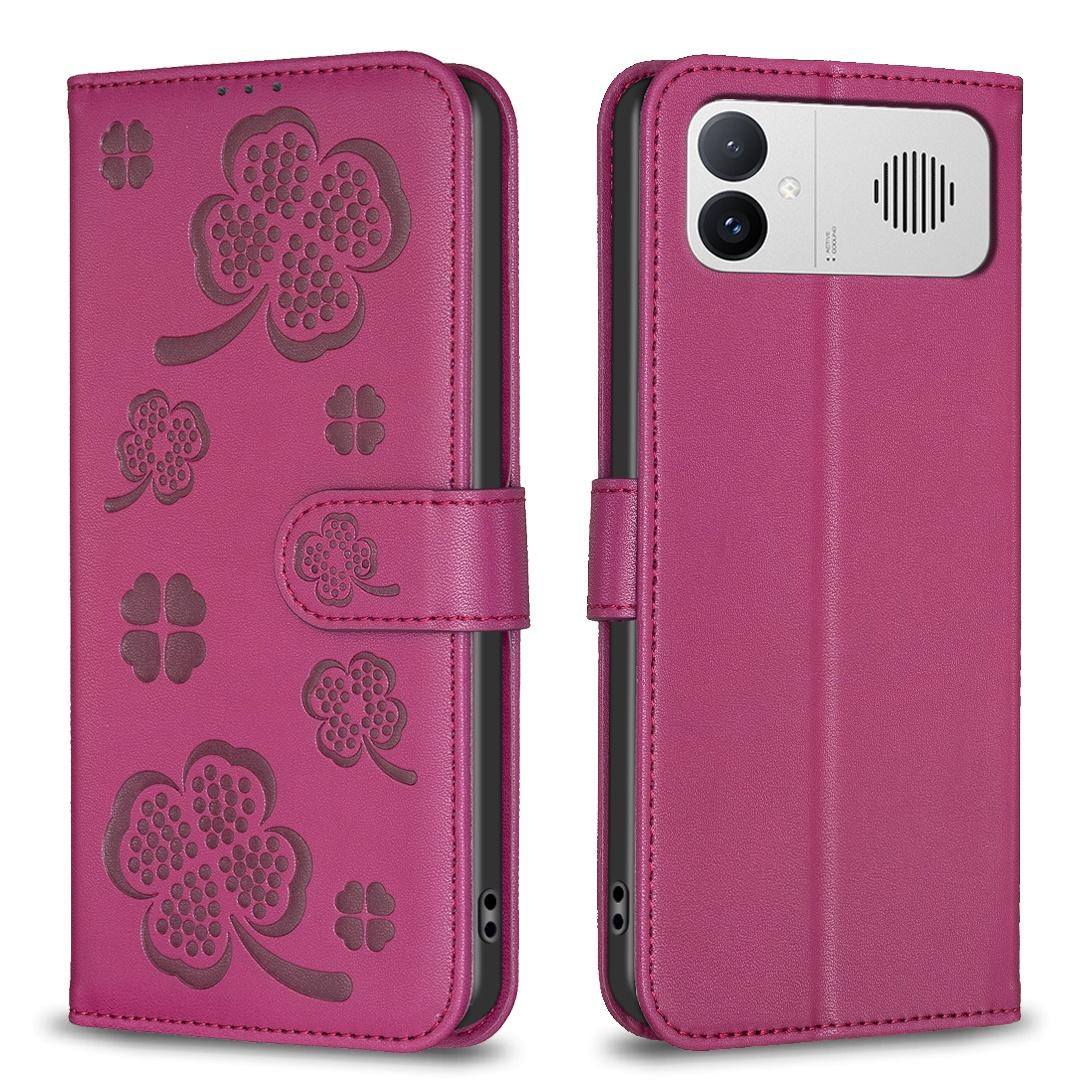 For Redmi K90 Max 5G Four-leaf Embossed Leather Phone Case - Rose Red - EDA007062306A