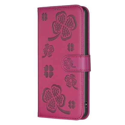 For Redmi K90 Max 5G Four-leaf Embossed Leather Phone Case - Rose Red - EDA007062306A
