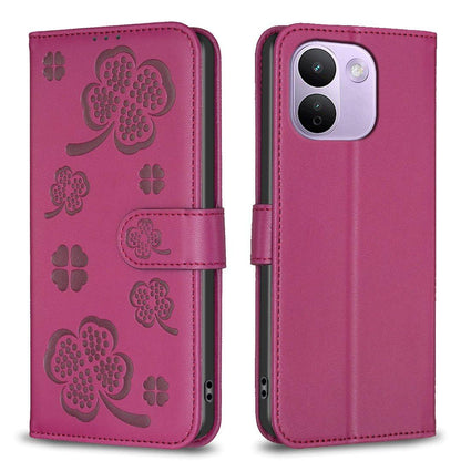 For Redmi Note 17 Pro+ 5G Global 163.4mm Four-leaf Embossed Leather Phone Case - Rose Red - EDA007062308A