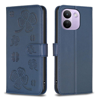 For Redmi Note 17 Pro+ 5G Global 163.4mm Four-leaf Embossed Leather Phone Case - Blue - EDA007062308B