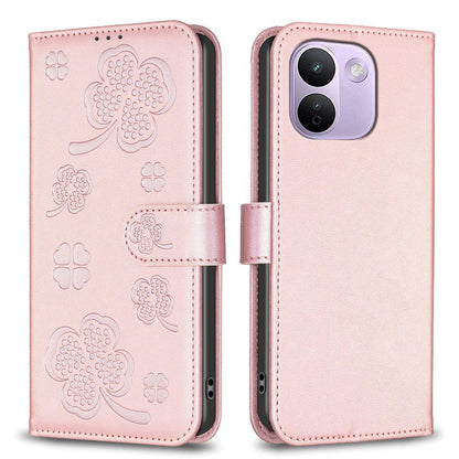 For Redmi Note 17 Pro+ 5G Global 163.4mm Four-leaf Embossed Leather Phone Case - Pink - EDA007062308F