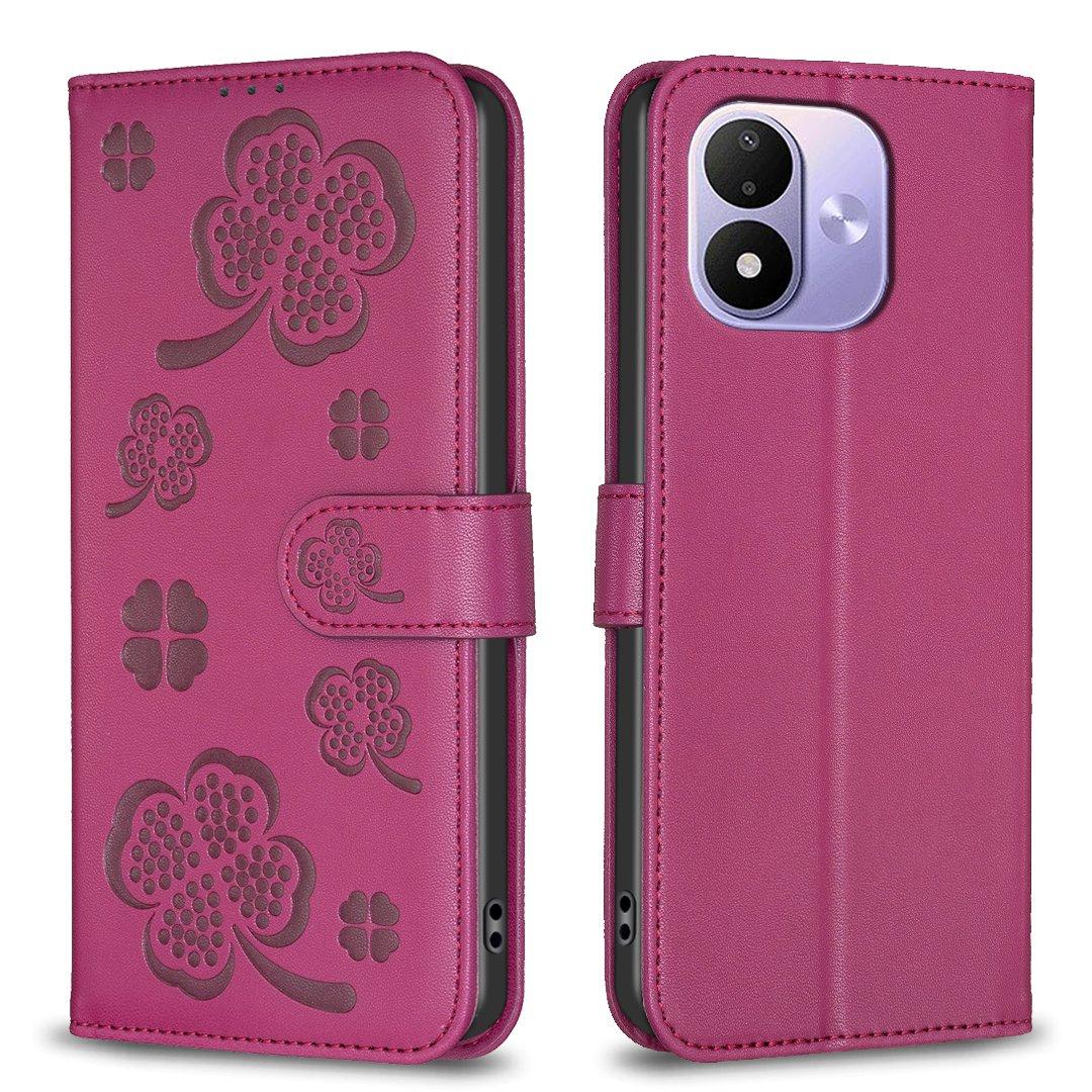 For Redmi Note 17 4G Global 171mm Four-leaf Embossed Leather Phone Case(Rose Red)