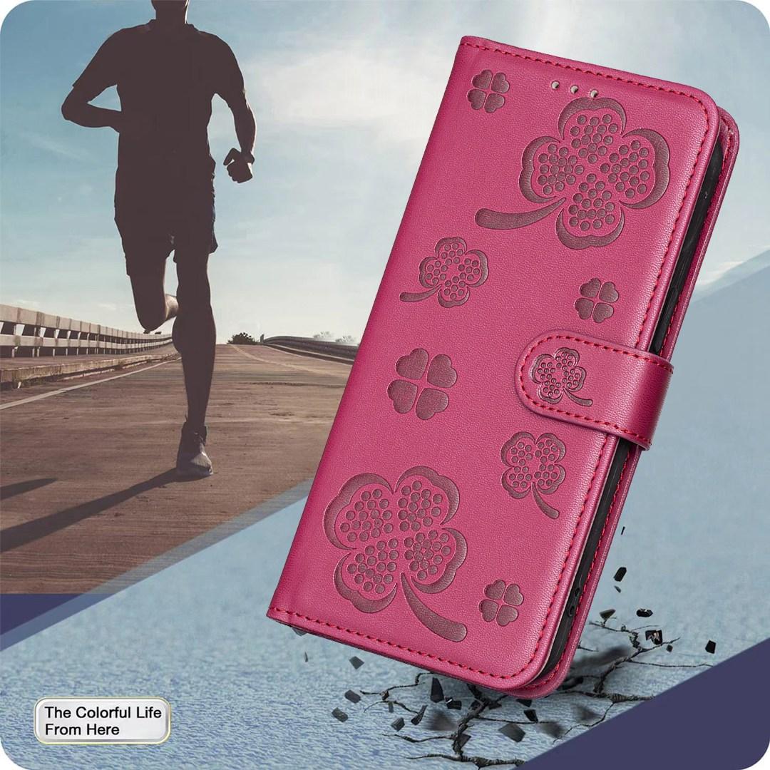 For Redmi Note 17 4G Global 171mm Four-leaf Embossed Leather Phone Case(Rose Red)