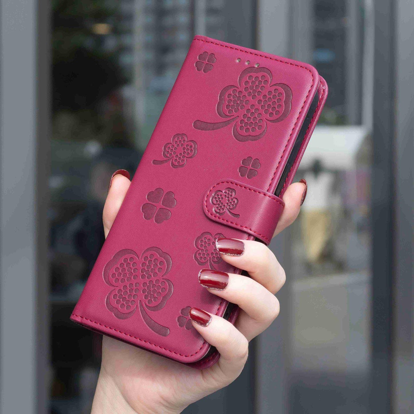 For Redmi Note 17 4G Global 171mm Four-leaf Embossed Leather Phone Case(Rose Red)