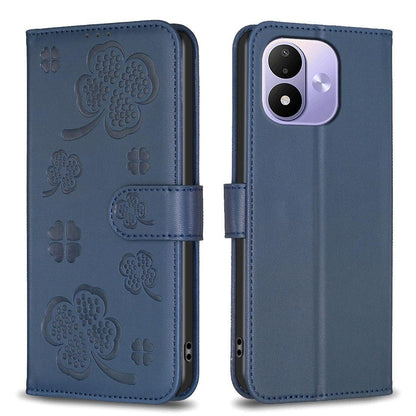 For Redmi Note 17 4G Global 171mm Four-leaf Embossed Leather Phone Case(Blue)