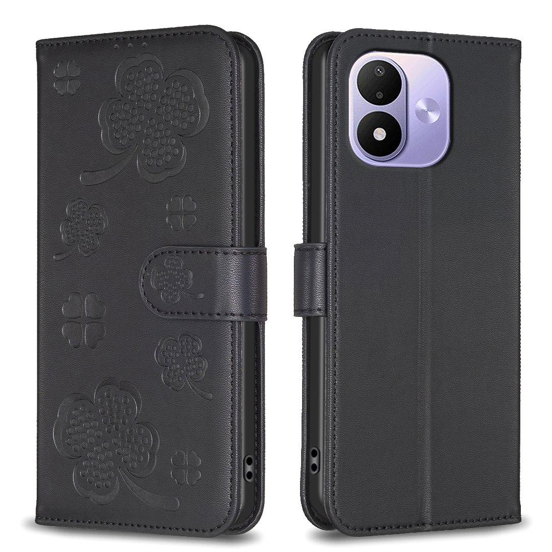 For Redmi Note 17 4G Global 171mm Four-leaf Embossed Leather Phone Case(Black)