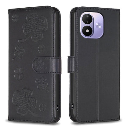 For Redmi Note 17 4G Global 171mm Four-leaf Embossed Leather Phone Case(Black)