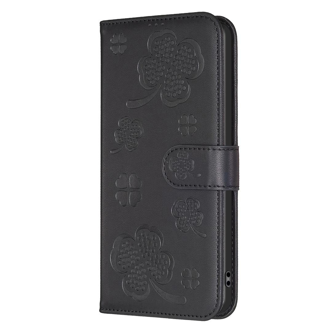 For Redmi Note 17 4G Global 171mm Four-leaf Embossed Leather Phone Case(Black)
