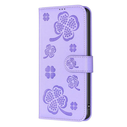 For Redmi Note 17 4G Global 171mm Four-leaf Embossed Leather Phone Case(Purple)