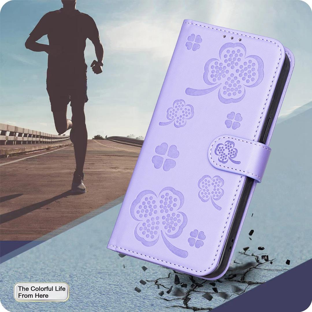 For Redmi Note 17 4G Global 171mm Four-leaf Embossed Leather Phone Case(Purple)