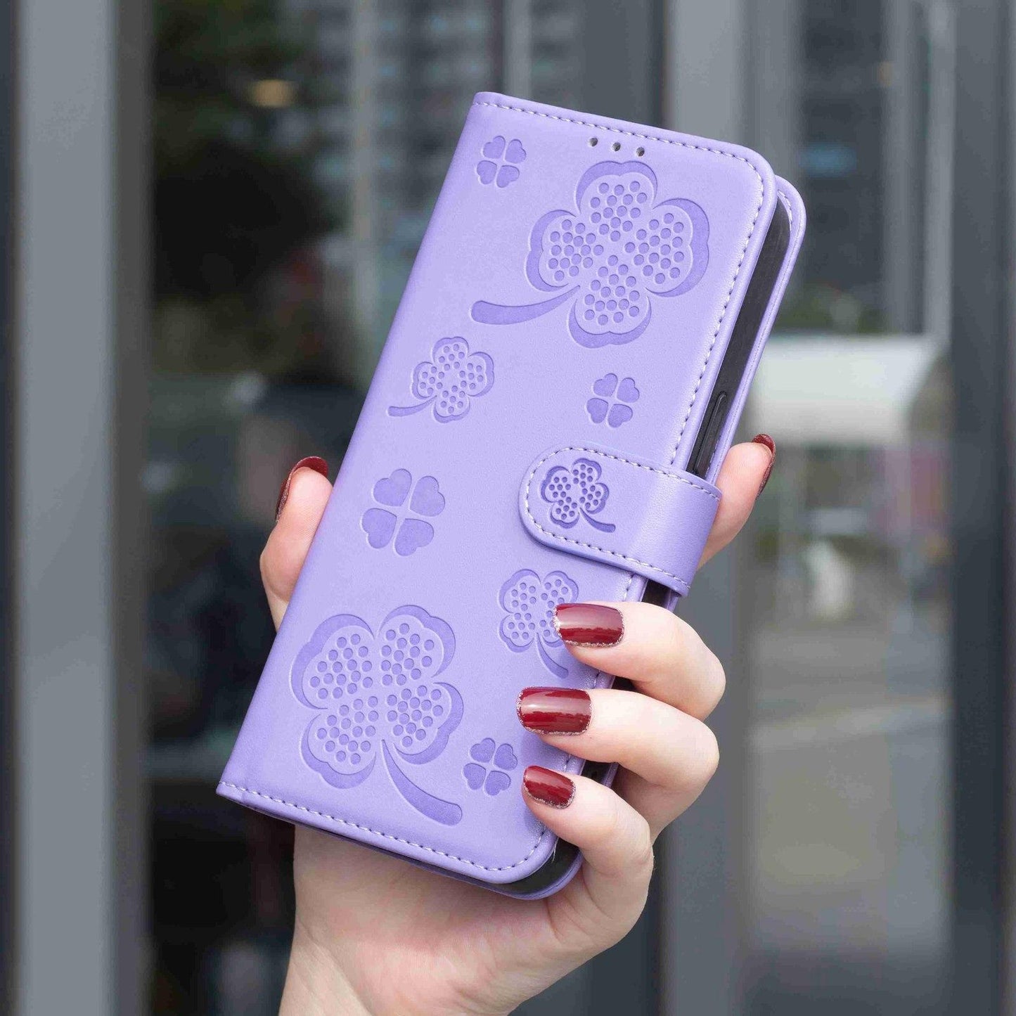 For Redmi Note 17 4G Global 171mm Four-leaf Embossed Leather Phone Case(Purple)