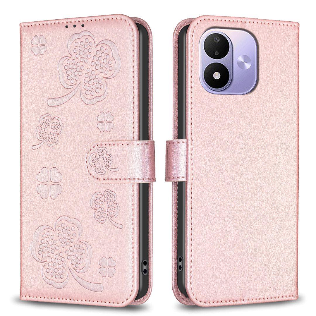 For Redmi Note 17 4G Global 171mm Four-leaf Embossed Leather Phone Case(Pink)